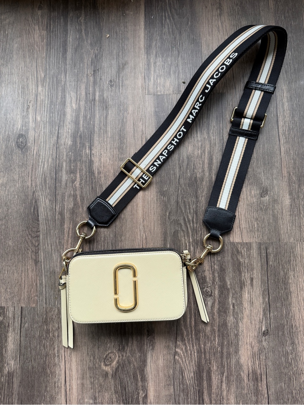 Marc Jacobs Cream Snapshot Camera Bag with Striped Logo Strap